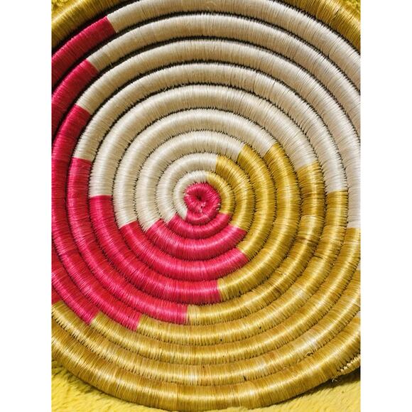 African Hand Woven Swirl Coil Wall Basket Natural Bowl 9” Pink Yellow Cream - Picture 2 of 7